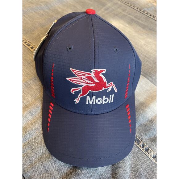Mobil Oil Pegasus Strapback Cap Embroidered Logo Trucker Baseball Hat UV Guard - Picture 1 of 6